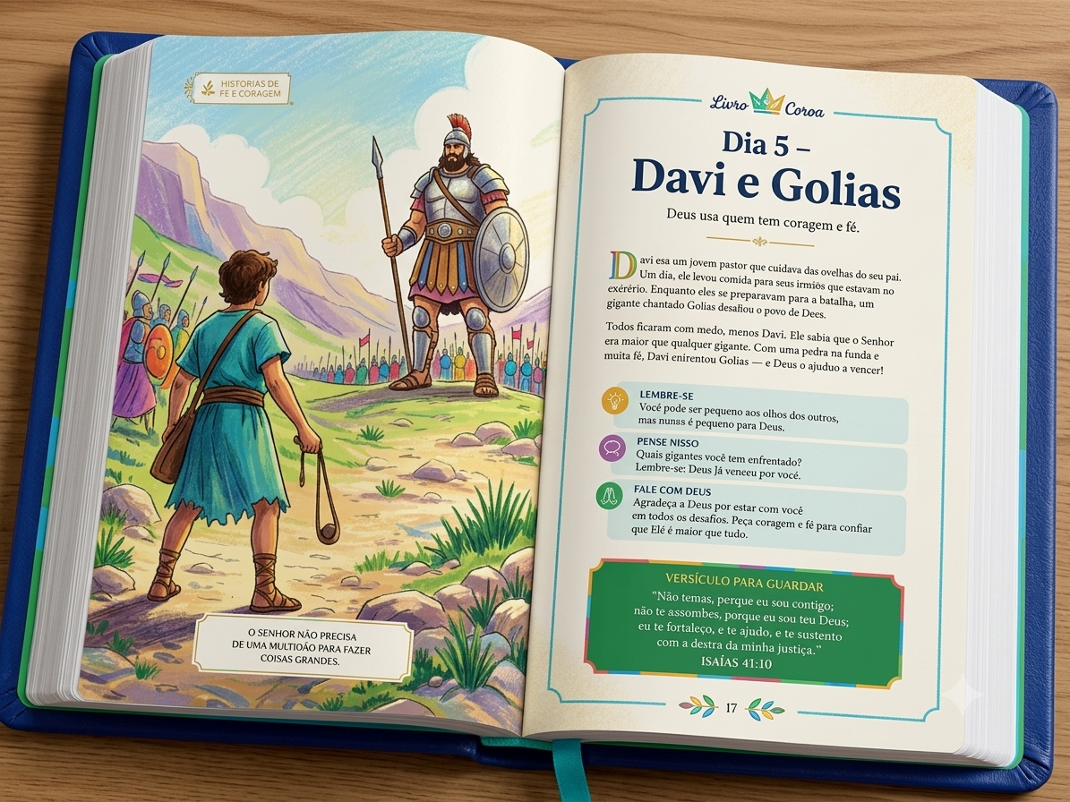 Página do devocional Sendo Como Davi aberta no Dia 5 — Davi e Golias
